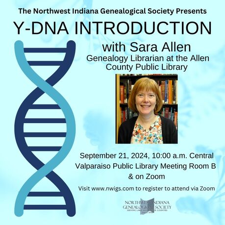 A graphic of DNA in blue with a picture of the presenter and meeting information
